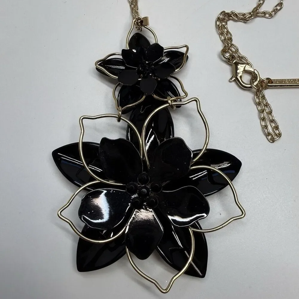 Nine West Black Double Drop Flower Pendant Gold Tone Long Statement Necklace